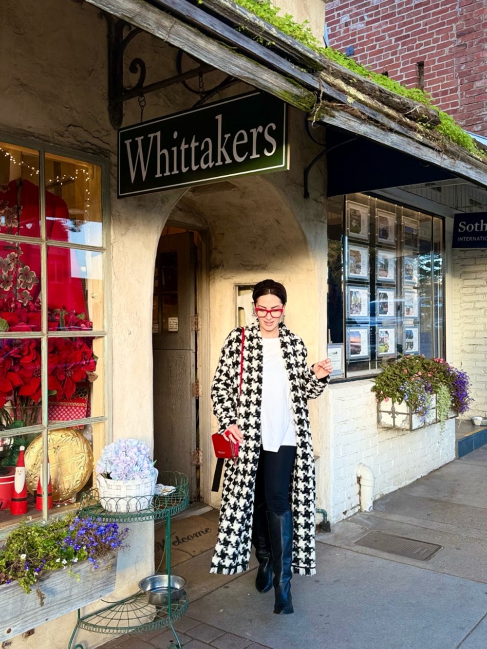 Carolina Herrera Black and White Houndstooth Long Trench Coat